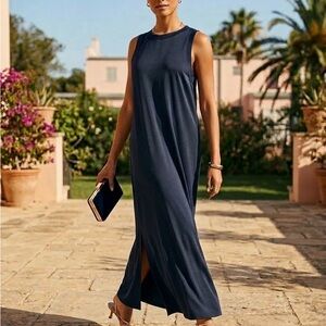 Massimo Dutti Navy Sleeveless midi Dress with Side Slit